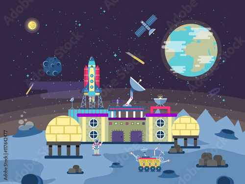 illustration of a project to develop the planet surface,  permanent habitable base, Colonization  the moon and near-Earth space in the flat style