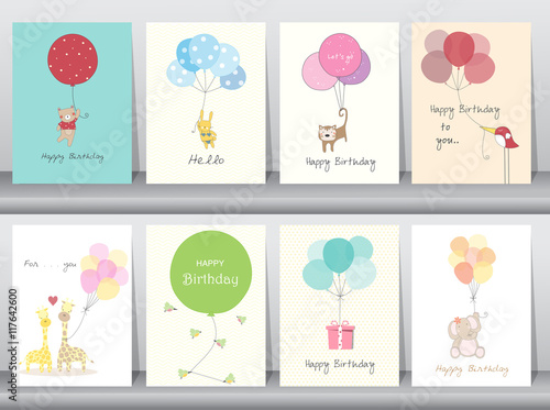 Set of birthday cards,poster,template,greeting cards,sweet,balloons,animals,Vector illustrations