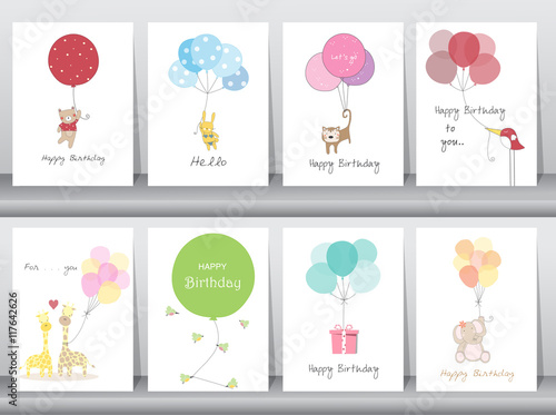 Set of birthday cards,poster,template,greeting cards,sweet,balloons,animals,Vector illustrations 