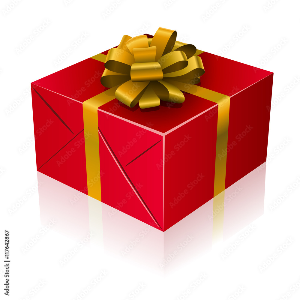 Red present box with golden ribbon and bow. Red present box with golden ribbon and bow.