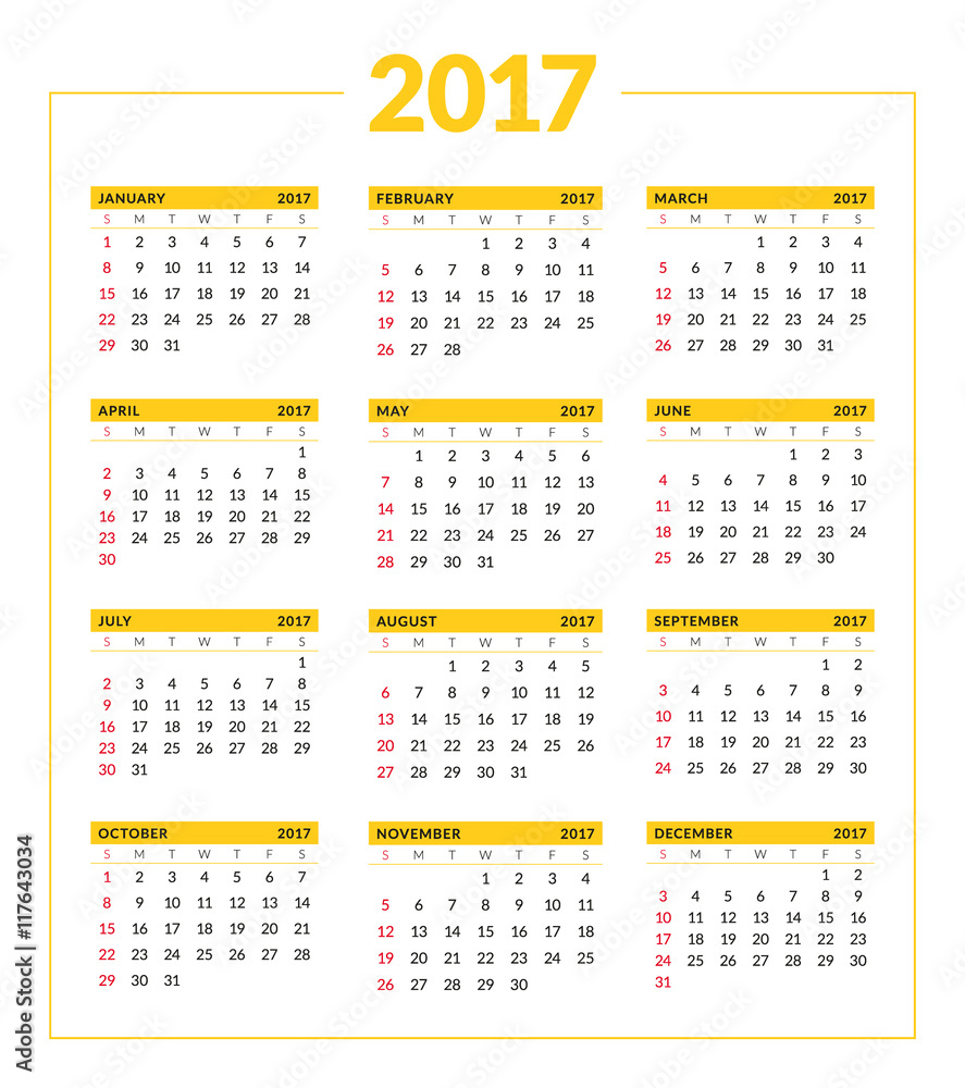Calendar for 2017 year on white background. Vector design print template. Week starts Sunday. Stationery design Calendar for 2017 year on white background. Vector design print template. Week starts Sunday. Stationery design