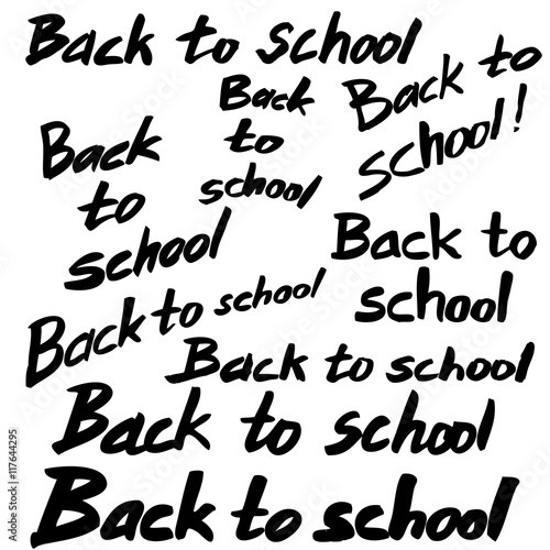 Back to school. A set of hand-made inscriptions. Imitation writing with a soft brush. In black and white. Vector Image.