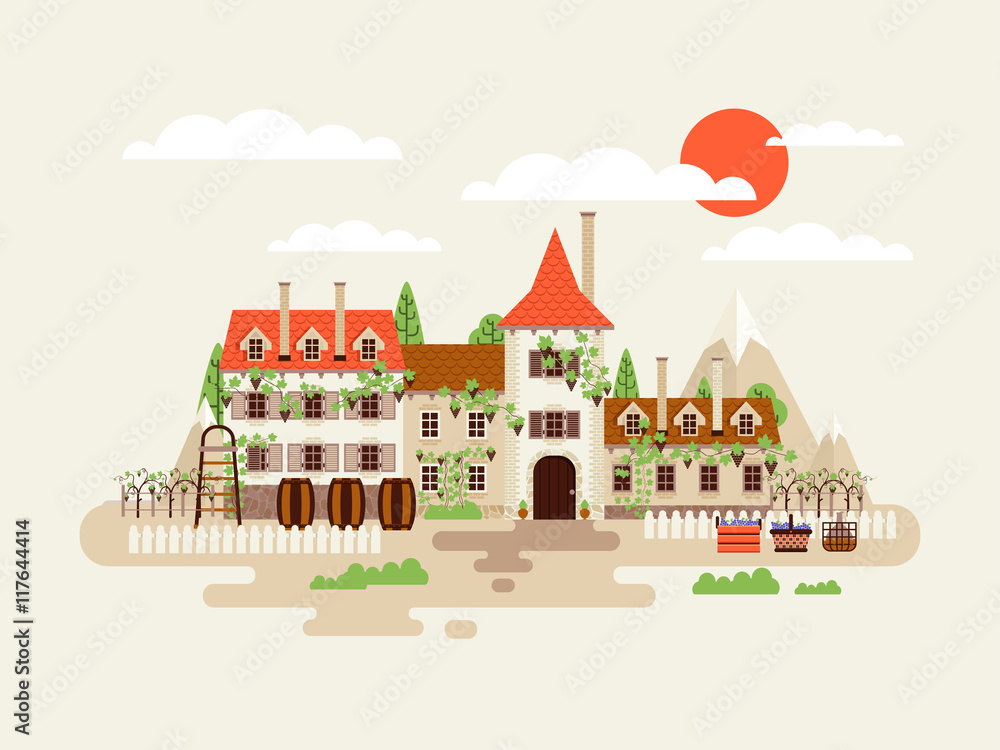 illustration of architecture winery facade with vineyards on the background  mountains  barrels  wine in flat style