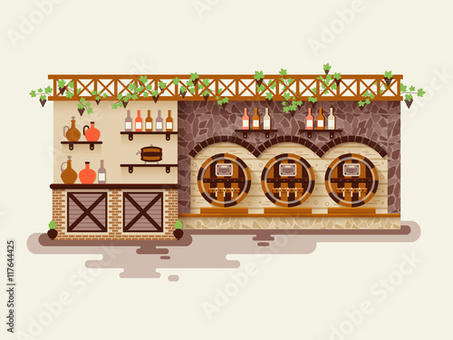 illustration interior of wine shop, sale  whiskey in barrels and in bottles, showcase with alcoholic beverages, liquor store in flat style