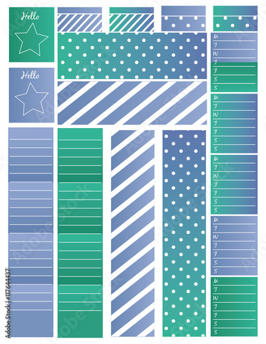 Peacock botton washi design with polka dots and blue teal green gradient.Weekly habit tracker,sidebar lined box and decorative.For planners,agendas,stationery,Printable planner,Vector clipart.Clipart