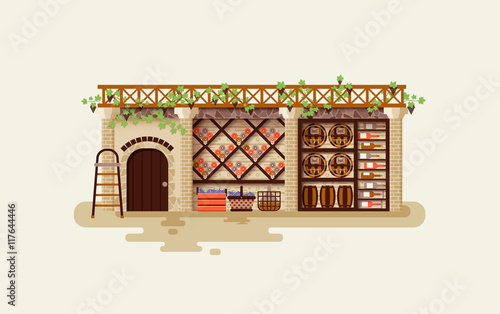 illustration Interior of wine cellar for storing and aging whiskey bottles  barrels, storage  alcoholic beverages in flat style
