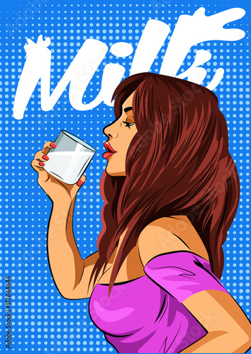 Pop art girl with glass of milk drinking.