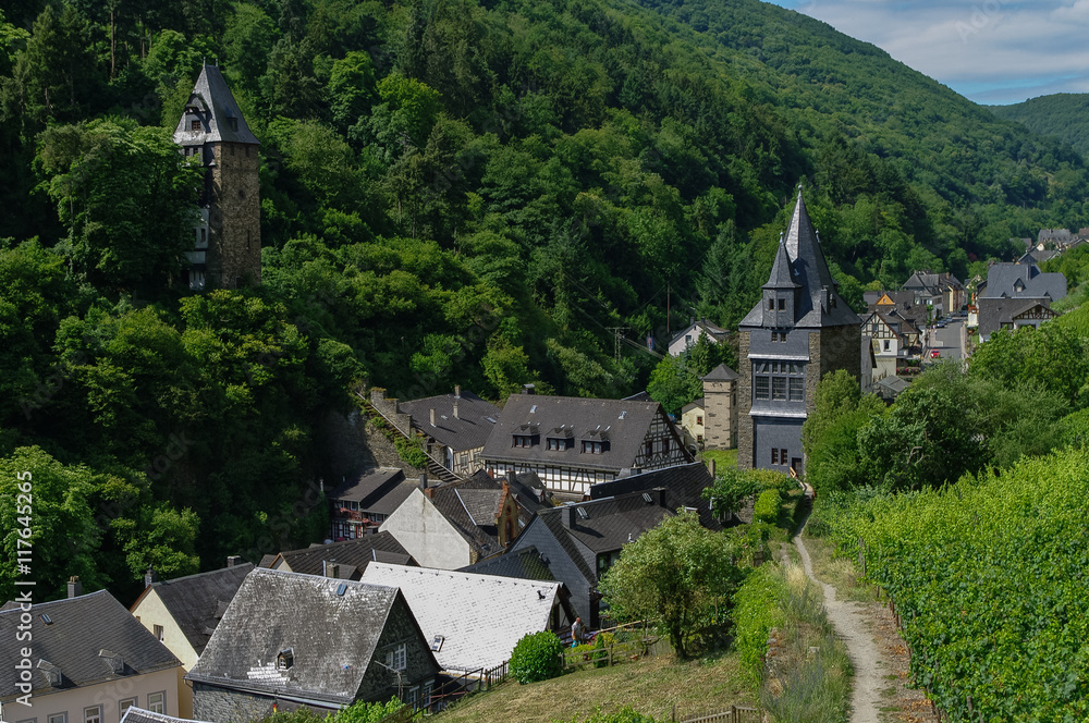 Medieval village Bacharach. City panorama from hill, covered by vineyard. Rhine valley, Germany.