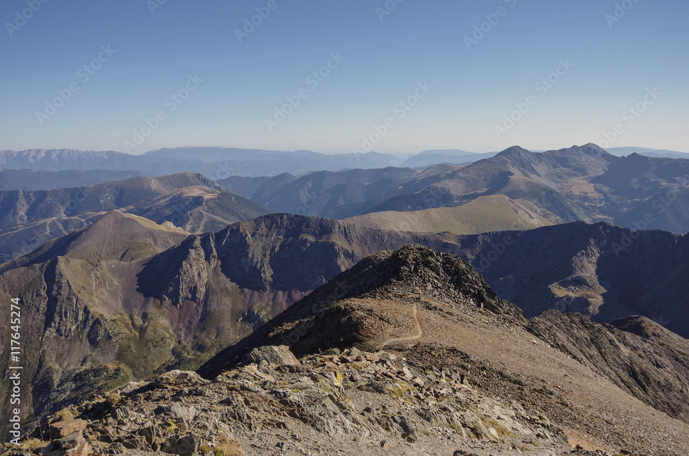 Panorama of the Pyrenees mountains in Andorra, from top of Coma Pedrosa peak.