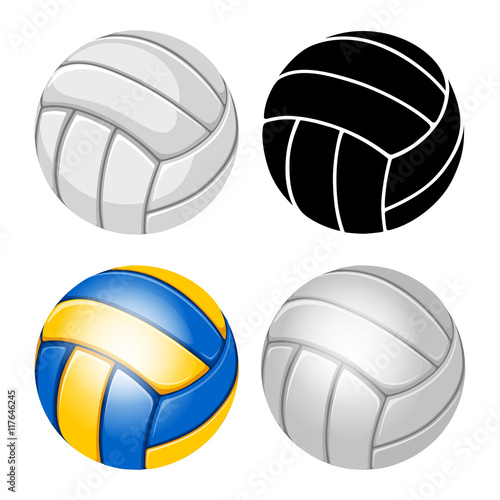 Volleyball Balls set. Sports equipment. Realistic and stylized Vector Illustration. Isolated on White Background.
