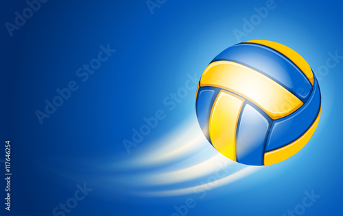 Horizontal Card for Volleyball Club with Flying Volleyball Ball on blue Background. Realistic Editable Vector Illustration. 