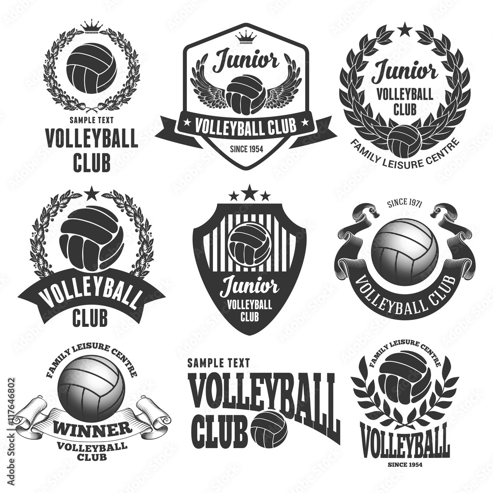 Set of Emblems, Logos and Labels on Volleyball Theme and for Volleyball Club. Vector Illustration. Isolated on White Background.