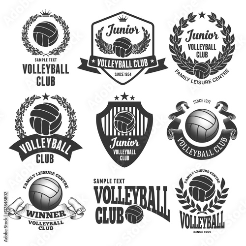 Set of Emblems, Logos and Labels on Volleyball Theme and for Volleyball Club. Vector Illustration. Isolated on White Background.