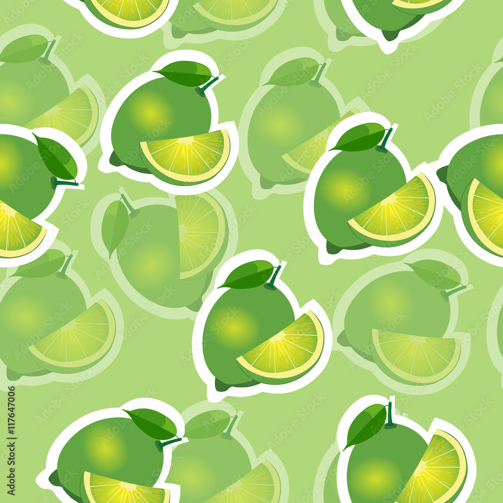 Pattern. lime and leaves and slises same sizes on lime background. Transparency lime.