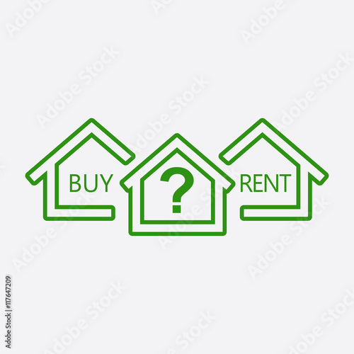 Concept of choice between buying and renting house in line style. Green home icon with the question. Vector illustration in flat style on white background.