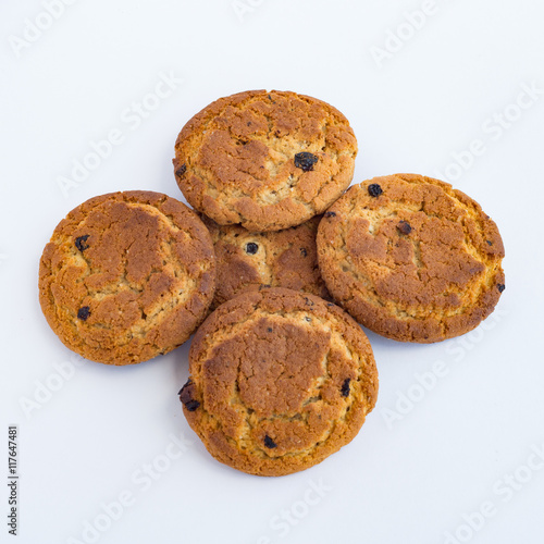 Five cookies on a white background