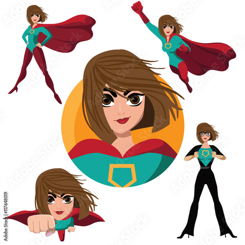 Superhero woman cartoon action poses collection. EPS 10 vector.