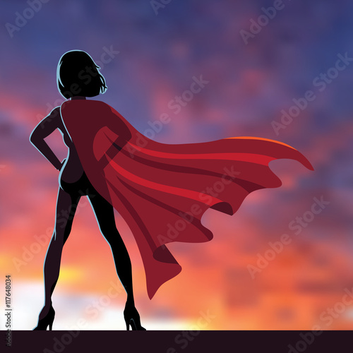 Superhero woman cartoon heroically overlooking the sunrise or sunset. EPS 10 vector.