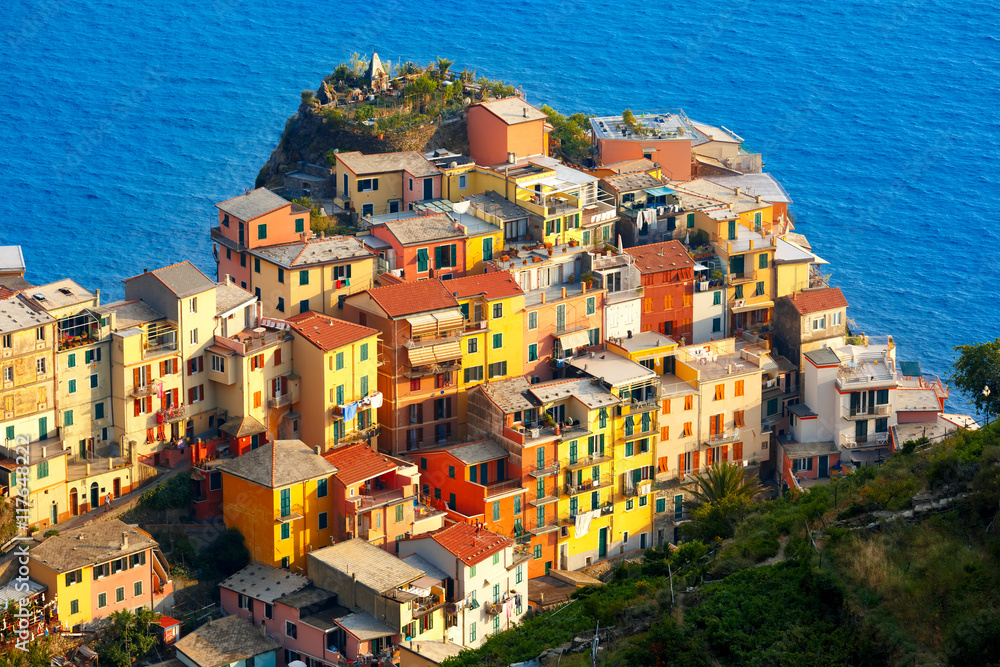 Aerial panoramic view of Manarola fishing village in Five lands, Cinque Terre National Park, Liguria, Italy.