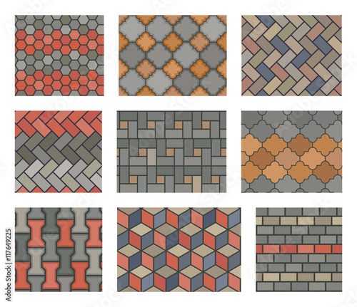 Seamless stone tiles pavement vector set. landscape design elements