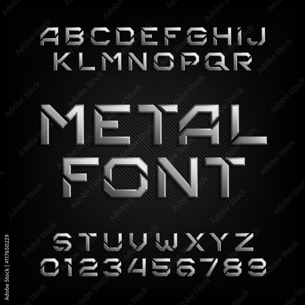 Metal alphabet font. Chrome effect letters and numbers. Tough vector typeface for your design. Metal alphabet font. Chrome effect letters and numbers. Tough vector typeface for your design.