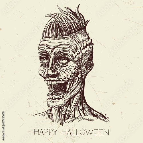 Vector Illustration of a Hand Drawn Scary Zombie Character. Happy Halloween Card.