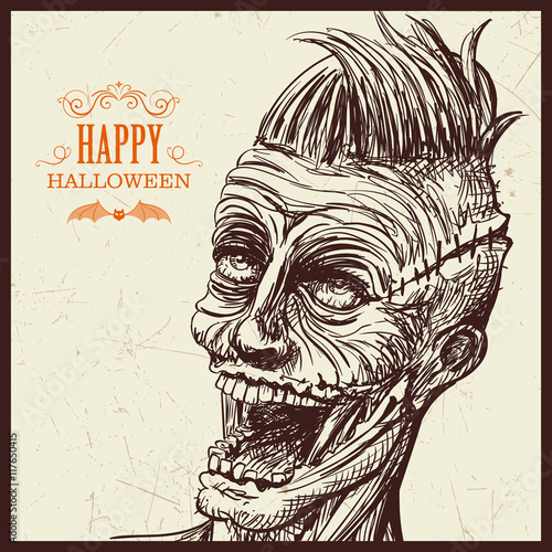 Vector Illustration of a Hand Drawn Scary Zombie Character. Happy Halloween Card.