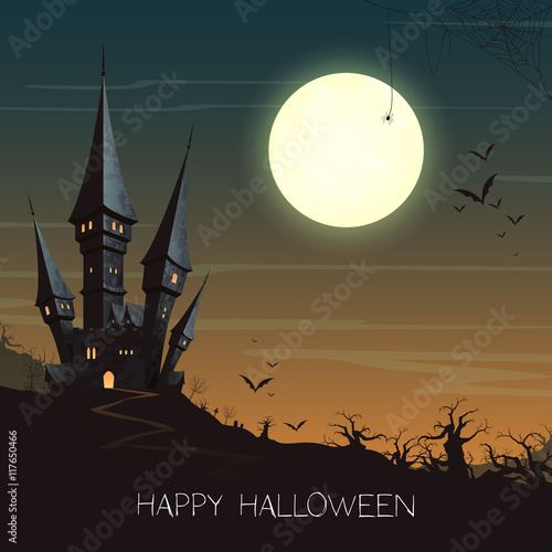 Vector Illustration of a Landscape with a Spooky Haunted Halloween Castle and a Full Moon