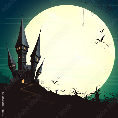 Vector Illustration of a Landscape with a Spooky Haunted Halloween Castle and a Full Moon