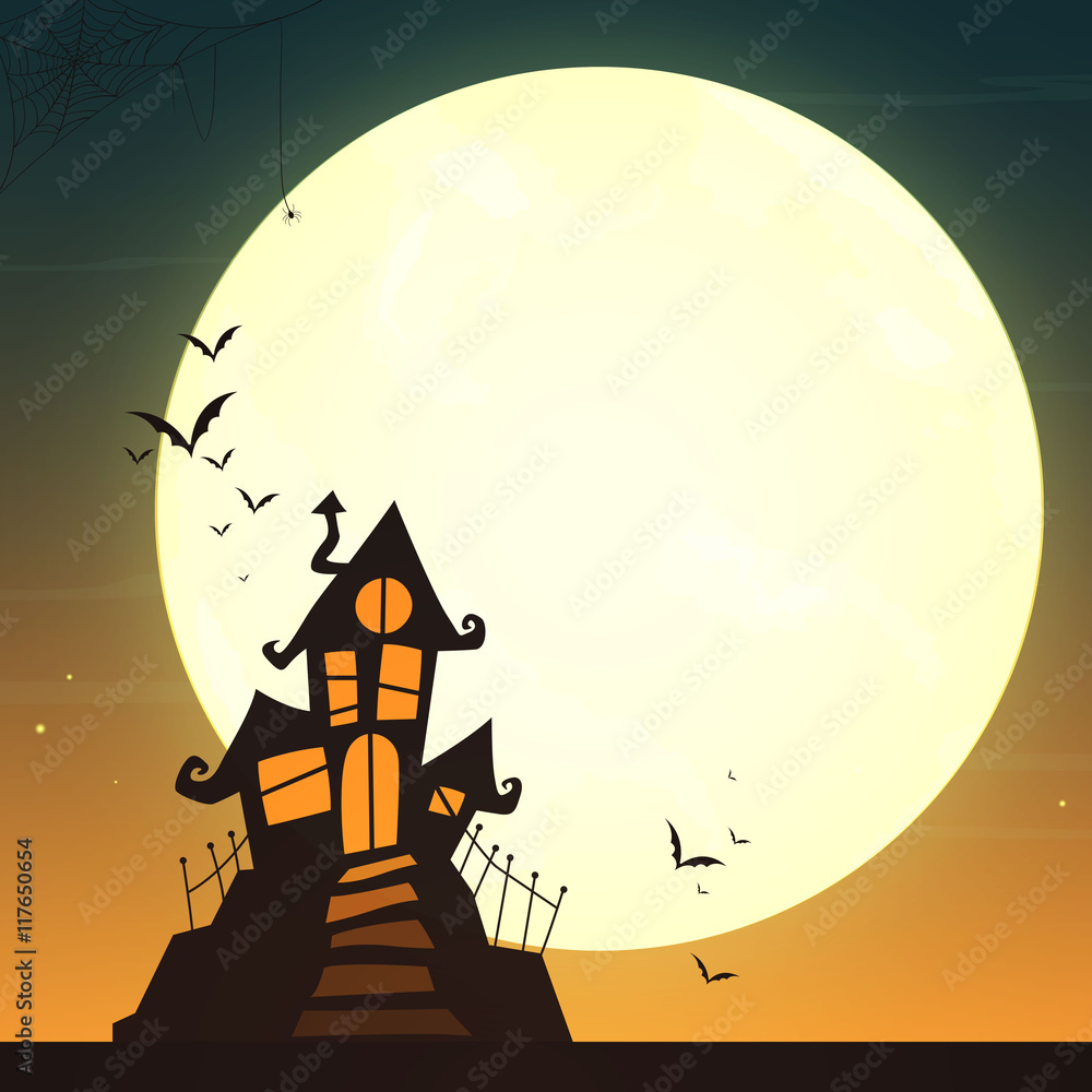 Vector Illustration of a Halloween Poster with a Spooky Haunted House and a Full Moon