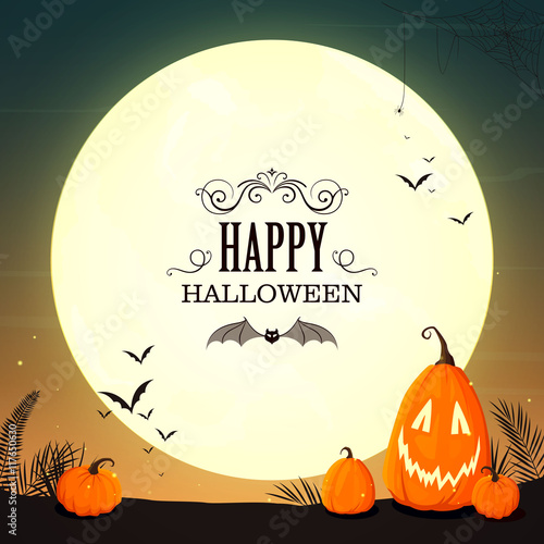 Vector Illustration of a Halloween Poster Background with a Full Moon and Funny Pumpkins