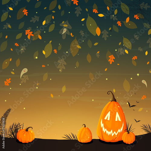 Vector Illustration of a Halloween Poster Background with Funny Pumpkins