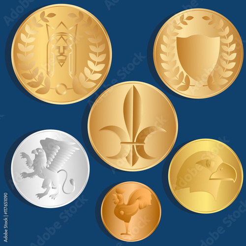 Different metal coins. Blue background. Vector Image.