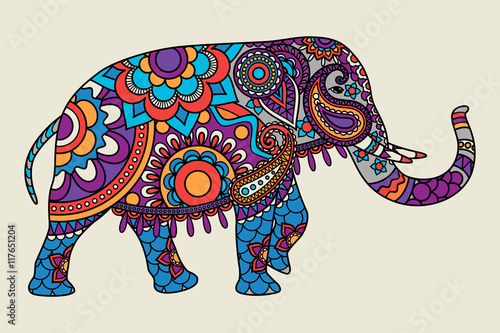 Indian ornate elephant hand drawn colored illistration. Vector illustration