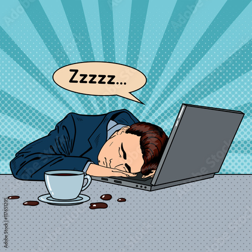 Tired Businessman Sleeping on a Laptop in Office. Pop Art Vector illustration