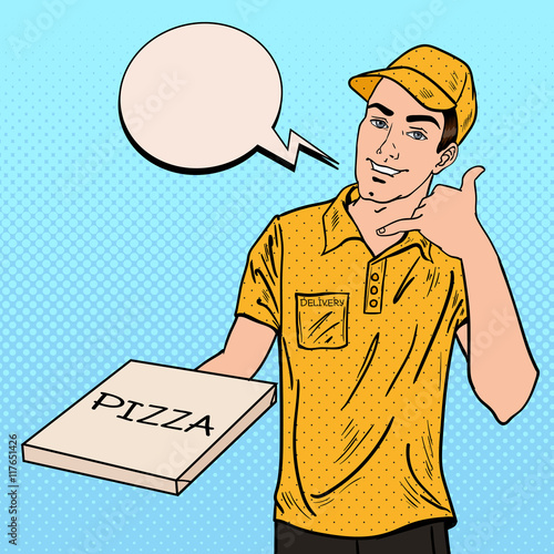 Pizza Delivery Man Holding a Pizza Box. Pop Art Vector illustration