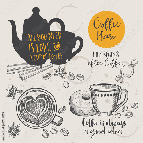 Coffee menu restaurant badges. Food design icons with hand-drawing elements. 