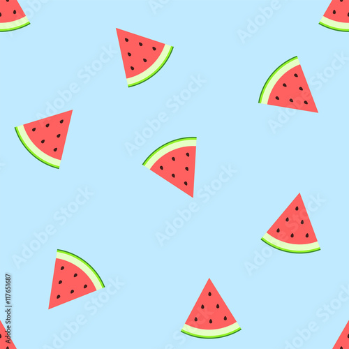 Watermelon on  blue background. Juicy bright segments of watermelon seamless pattern. Vector flat illustration
