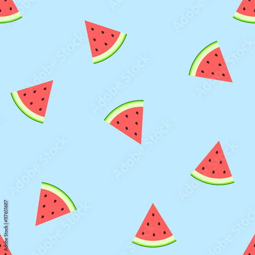 Watermelon on blue background. Juicy bright segments of watermelon seamless pattern. Vector flat illustration