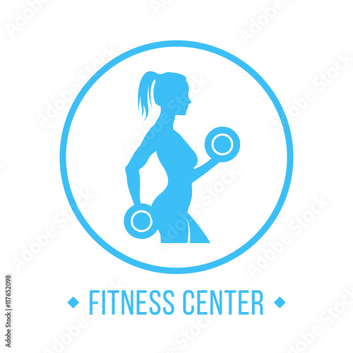 Fitness center logo. Vector woman silhouette with dumbbells