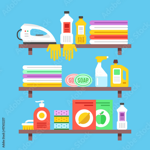 Household cleaning products, chemicals, supplies and objects on shelves. Flat design vector illustration