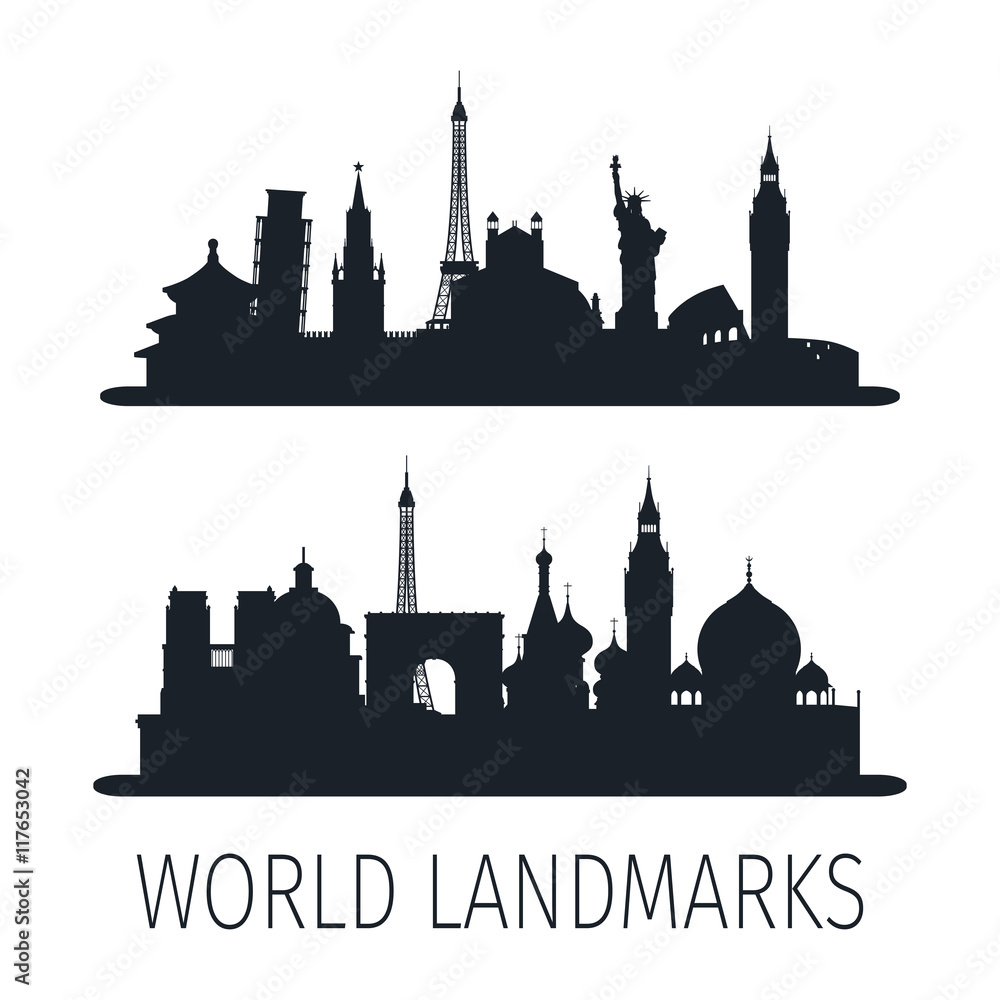 World landmarks isolated silhouettes for wallpaper. Vector illustration