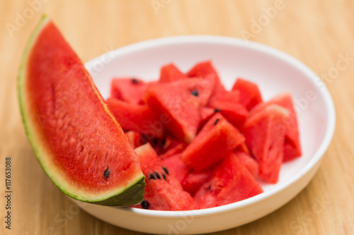 Fresh sliced watermelon in white dish