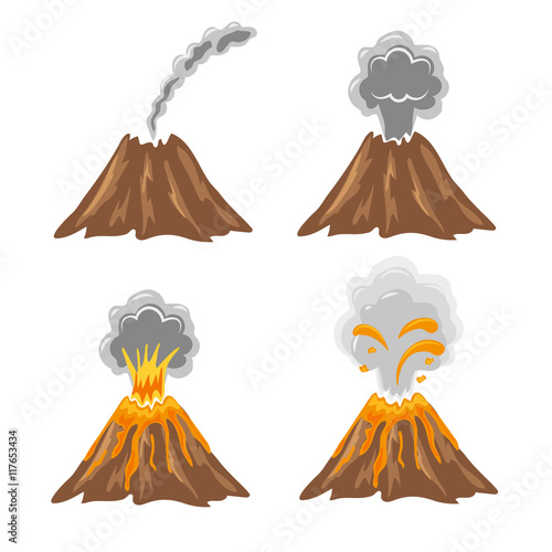 Different stages of volcano. Vector set of volcano eruption icons isolated on white. 