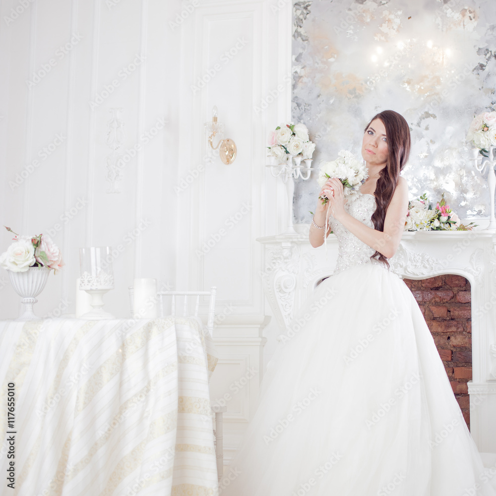 Portrait beautiful bride with a bouquet of flowers. Wedding decoration