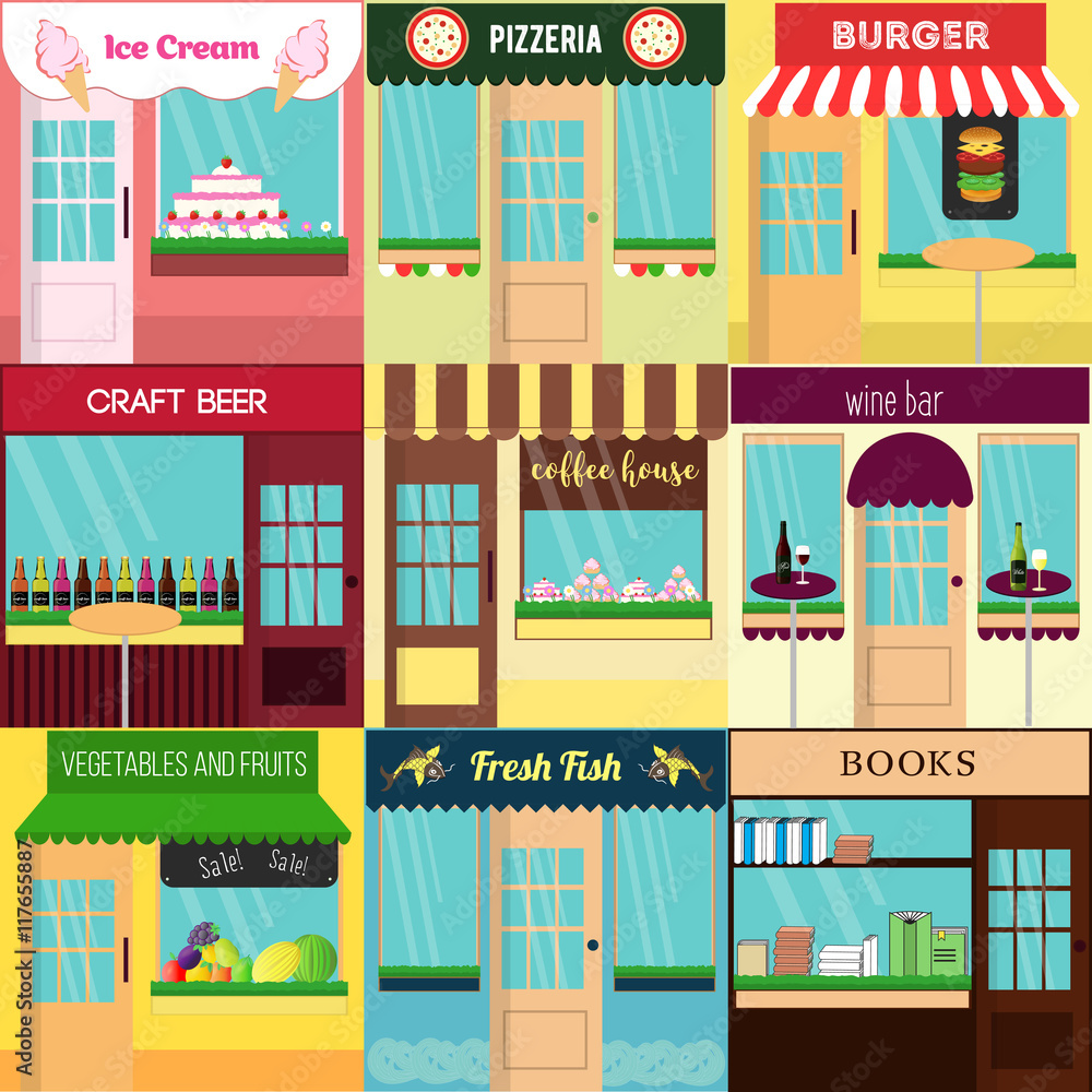 Cool set of vector detailed flat design restaurants and shops facade icons. Ideal for business web publications and graphic design Cool set of vector detailed flat design restaurants and shops facade icons. Ideal for business web publications and graphic design
