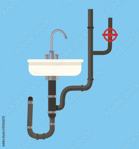 Washbasin with pipes. Vector flat cartoon illustration