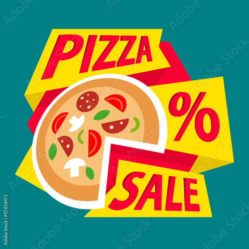 pizza sale label sticker design in flat style
