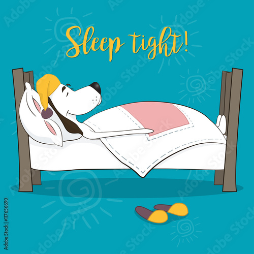 The lovely animation dog sleeps in a bed. Wish good night