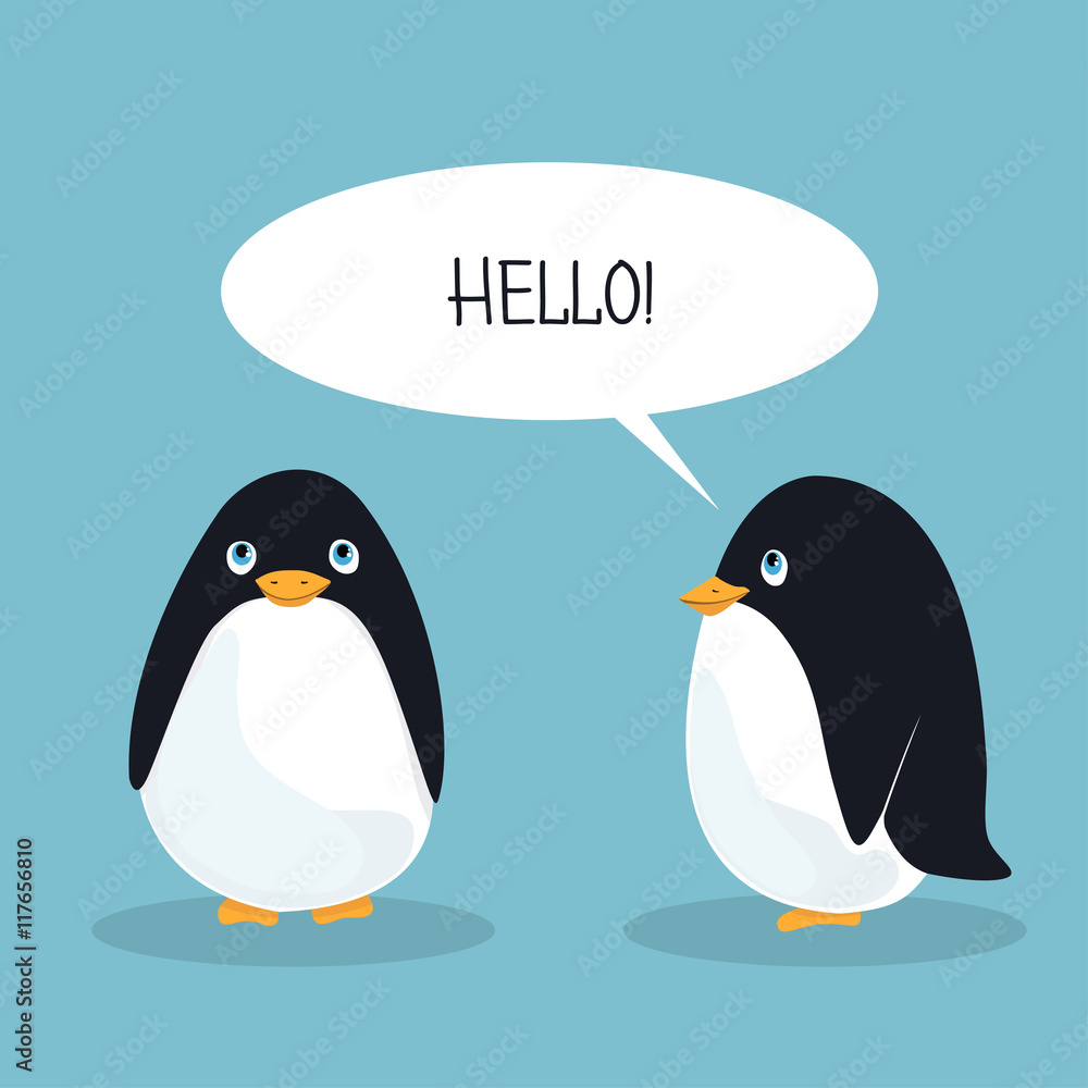 Fototapeta premium Two ridiculous animation penguins welcome each other. Card. Vector illustration